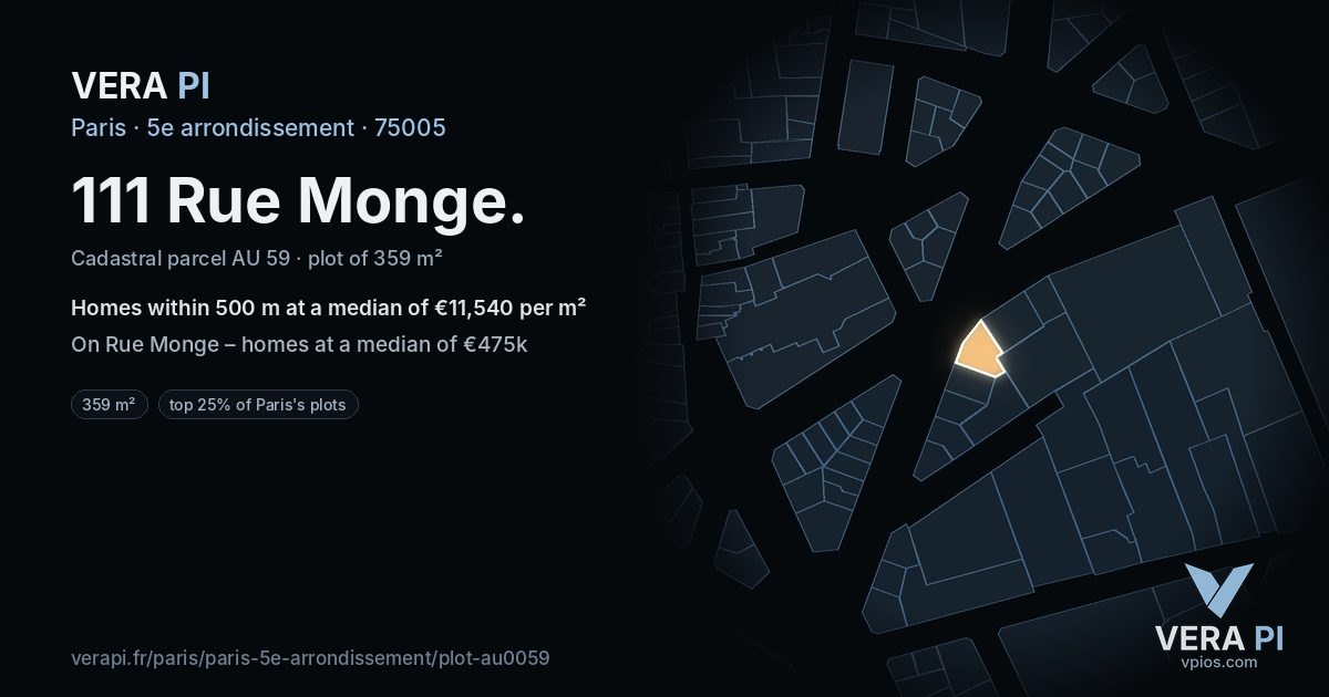 111 Rue Monge, 5e arrondissement at night – the plot lit, the parcels around coloured by the prices near them