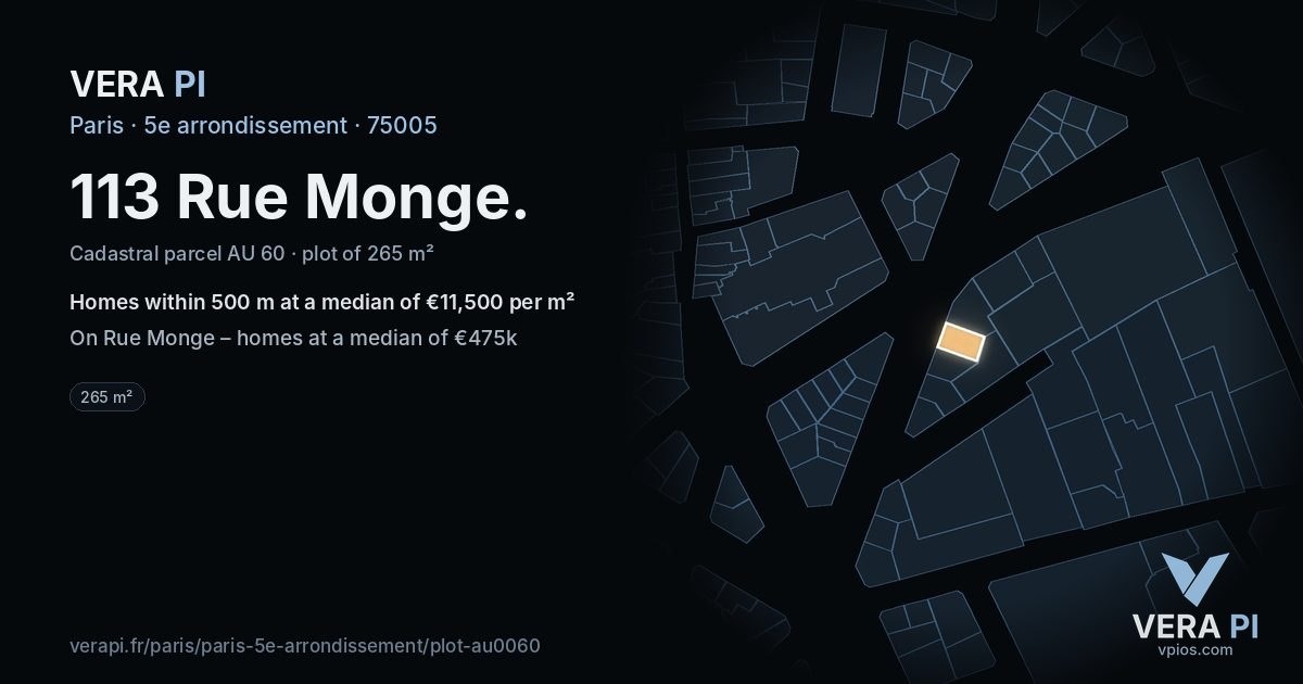113 Rue Monge, 5e arrondissement at night – the plot lit, the parcels around coloured by the prices near them