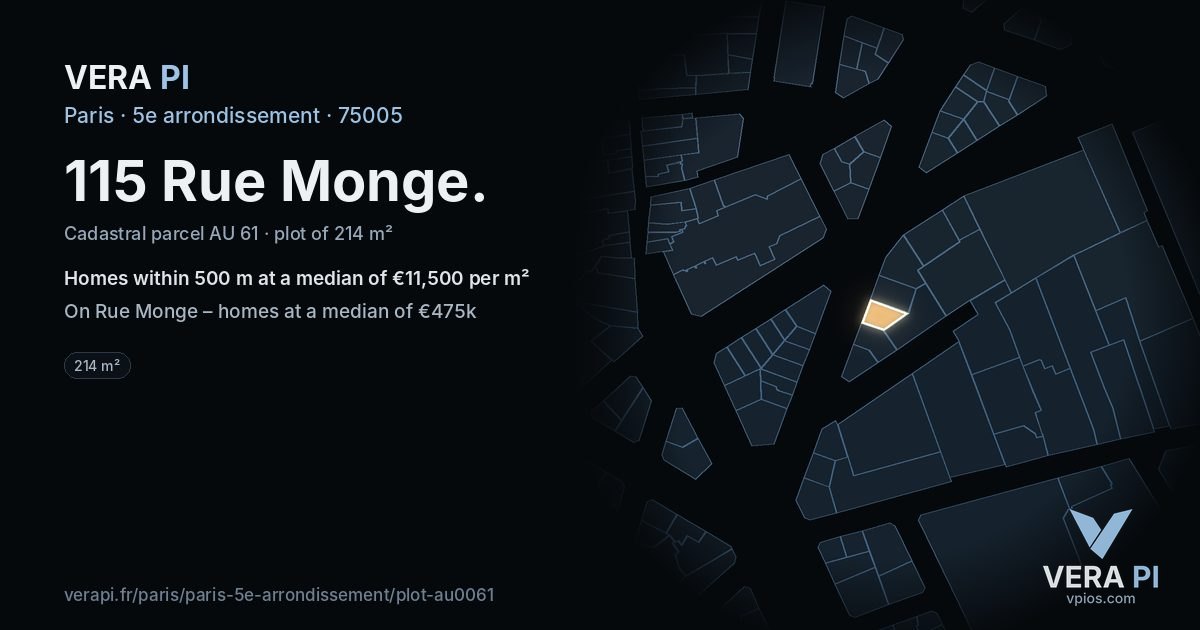 115 Rue Monge, 5e arrondissement at night – the plot lit, the parcels around coloured by the prices near them
