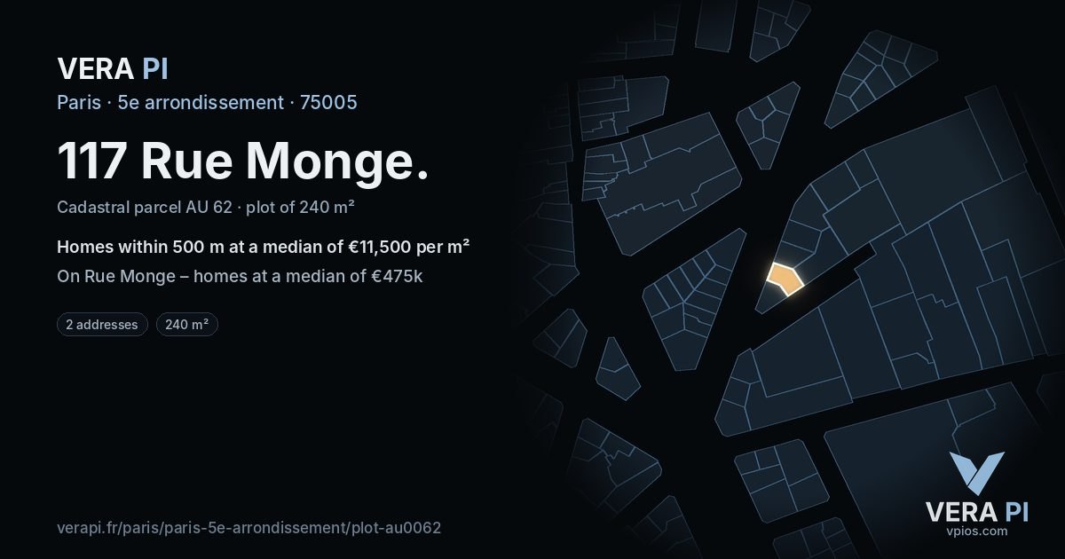 117 Rue Monge, 5e arrondissement at night – the plot lit, the parcels around coloured by the prices near them