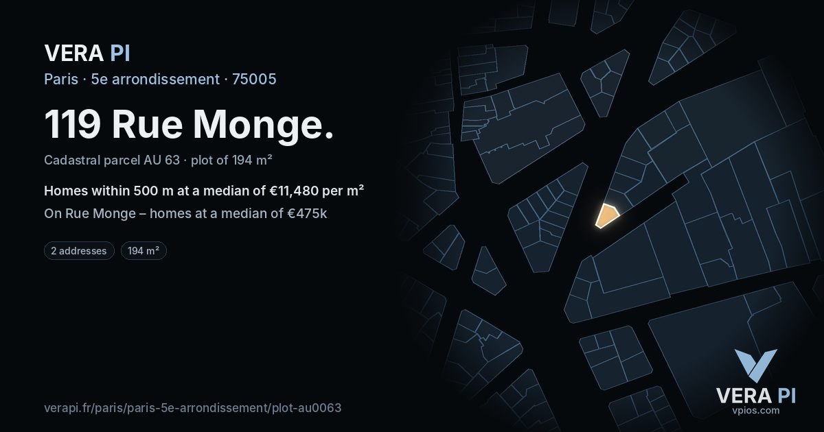 119 Rue Monge, 5e arrondissement at night – the plot lit, the parcels around coloured by the prices near them