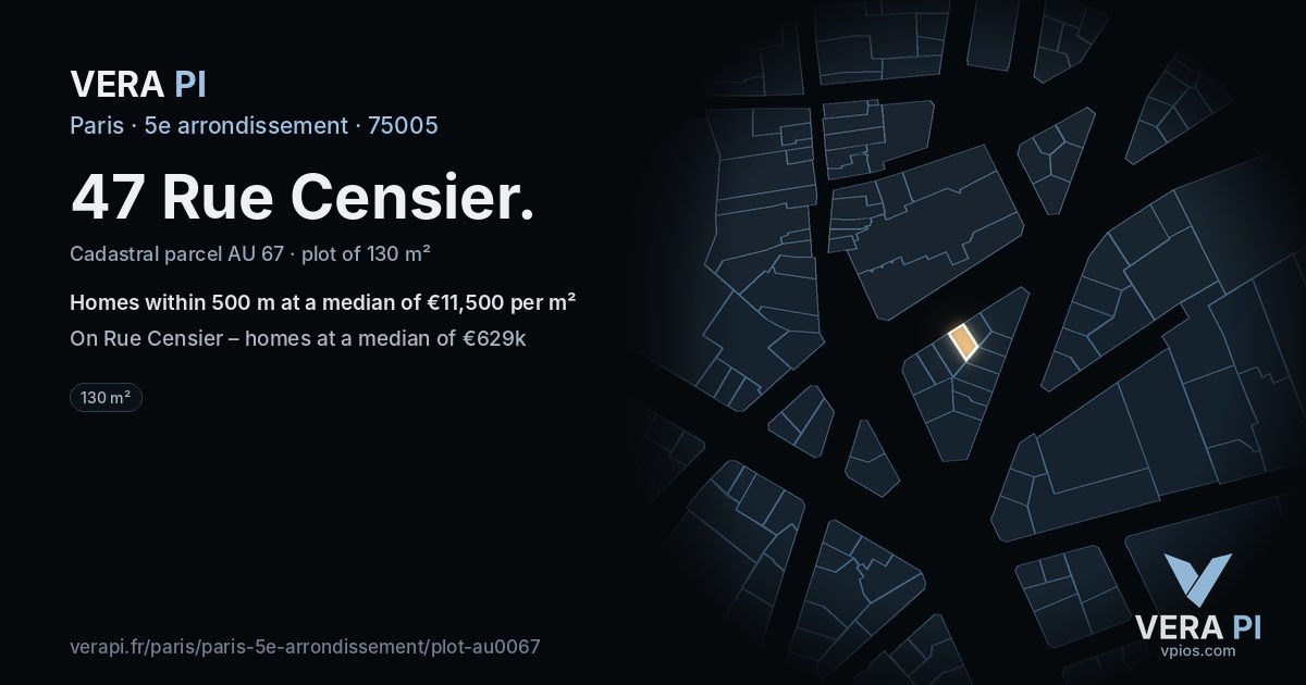 47 Rue Censier, 5e arrondissement at night – the plot lit, the parcels around coloured by the prices near them