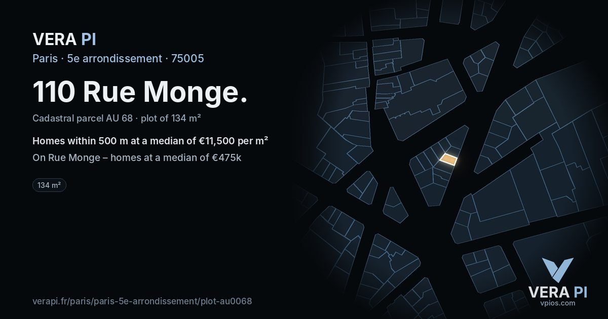 110 Rue Monge, 5e arrondissement at night – the plot lit, the parcels around coloured by the prices near them