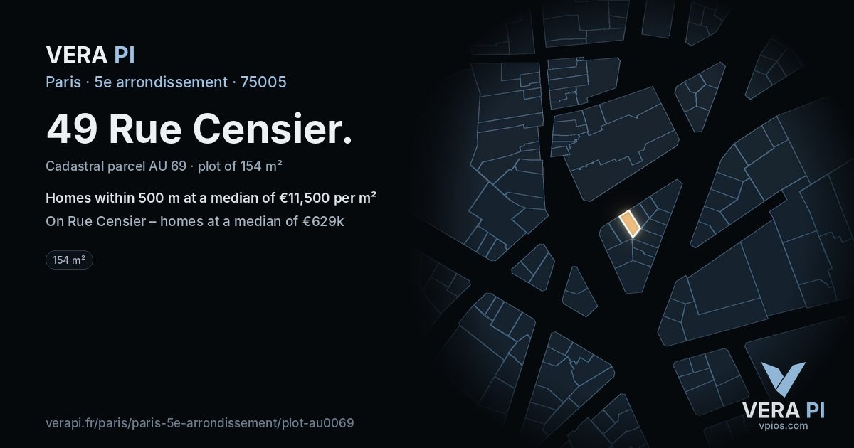 49 Rue Censier, 5e arrondissement at night – the plot lit, the parcels around coloured by the prices near them
