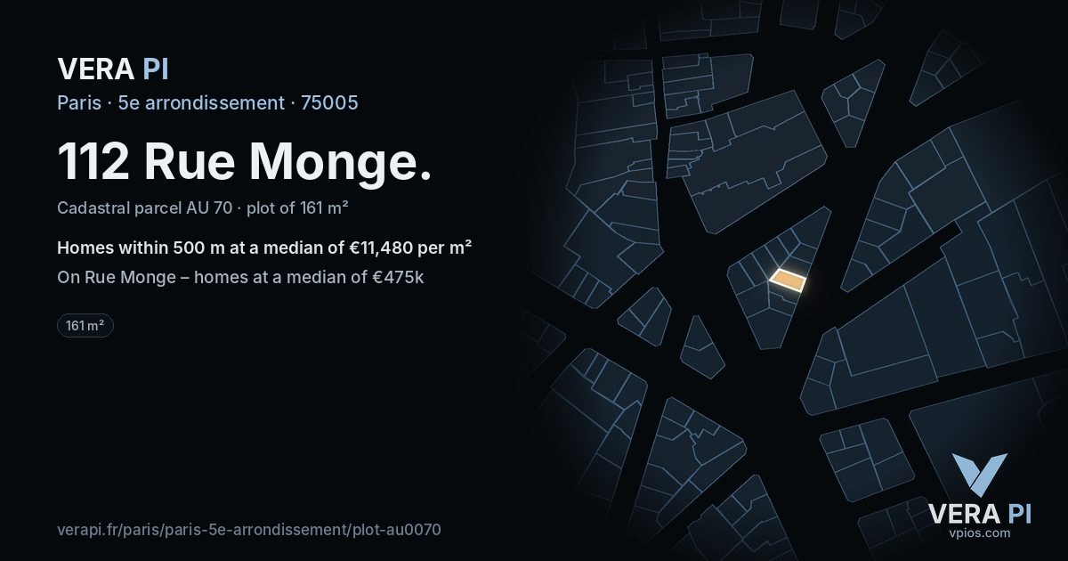 112 Rue Monge, 5e arrondissement at night – the plot lit, the parcels around coloured by the prices near them