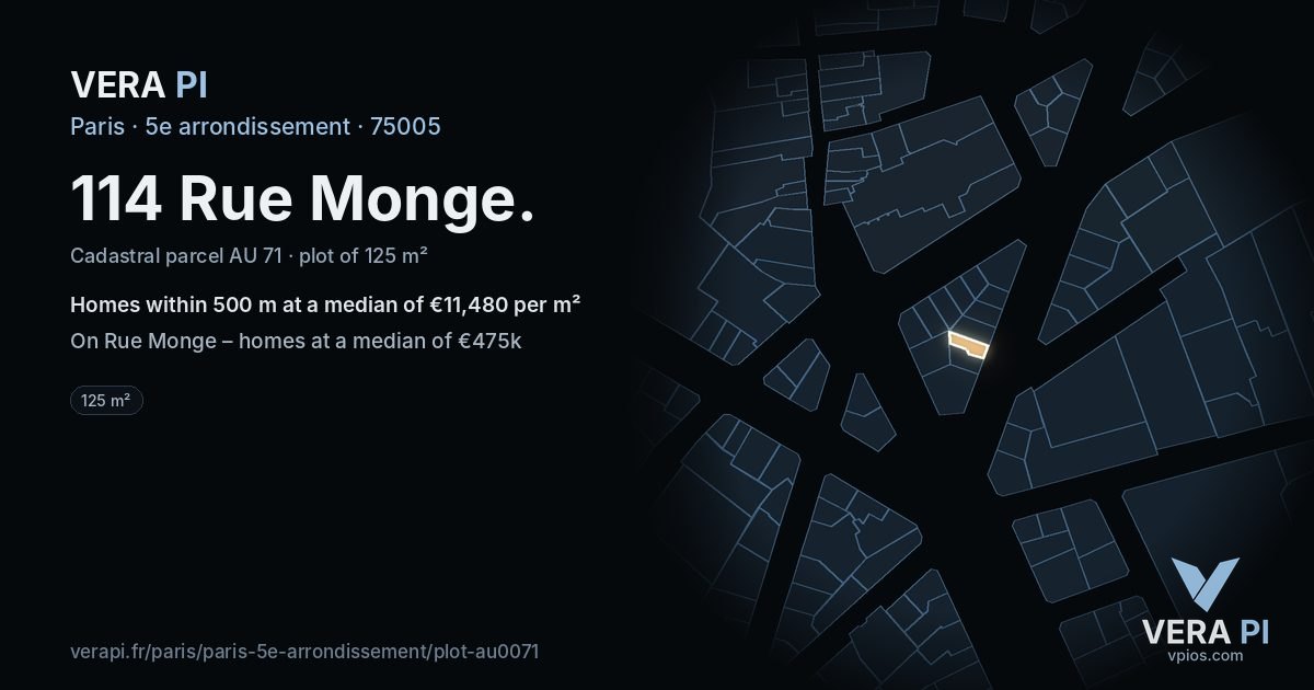 114 Rue Monge, 5e arrondissement at night – the plot lit, the parcels around coloured by the prices near them