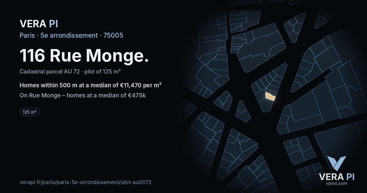 116 Rue Monge, 5e arrondissement at night – the plot lit, the parcels around coloured by the prices near them