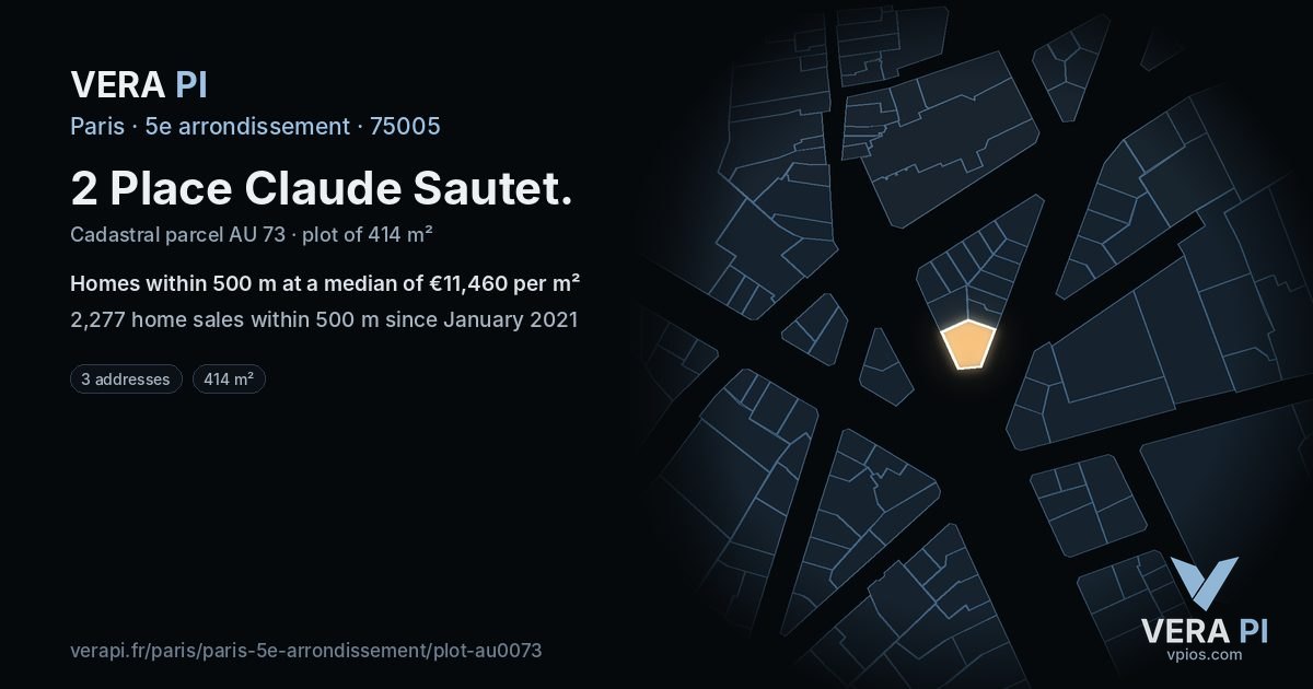 2 Place Claude Sautet, 5e arrondissement at night – the plot lit, the parcels around coloured by the prices near them