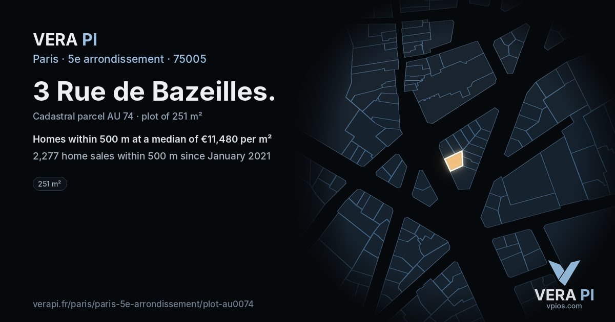 3 Rue de Bazeilles, 5e arrondissement at night – the plot lit, the parcels around coloured by the prices near them