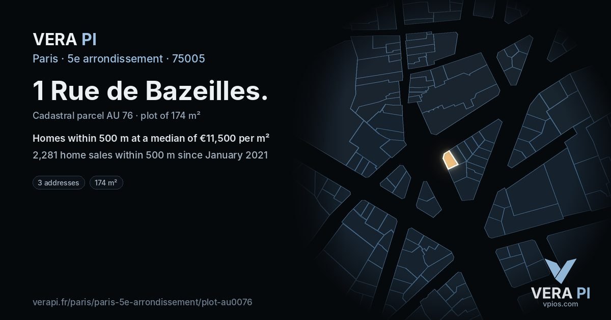 1 Rue de Bazeilles, 5e arrondissement at night – the plot lit, the parcels around coloured by the prices near them