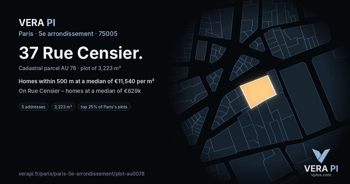 37 Rue Censier, 5e arrondissement at night – the plot lit, the parcels around coloured by the prices near them