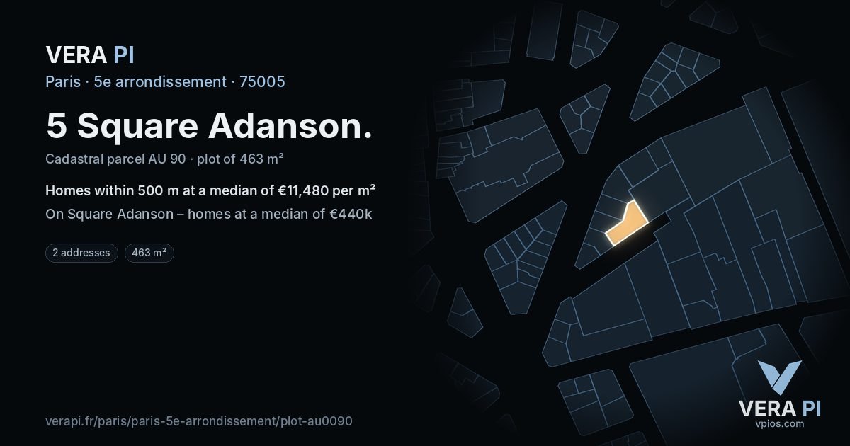 5 Square Adanson, 5e arrondissement at night – the plot lit, the parcels around coloured by the prices near them