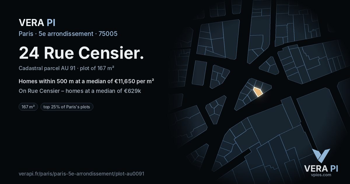 24 Rue Censier, 5e arrondissement at night – the plot lit, the parcels around coloured by the prices near them