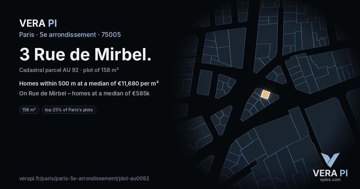 3 Rue de Mirbel, 5e arrondissement at night – the plot lit, the parcels around coloured by the prices near them