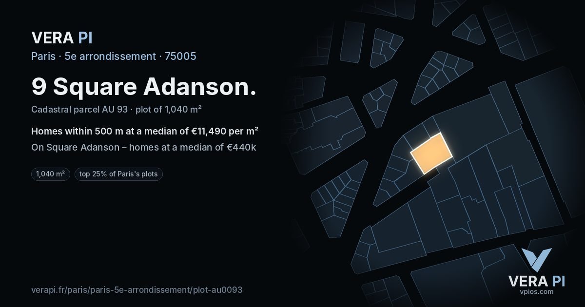 9 Square Adanson, 5e arrondissement at night – the plot lit, the parcels around coloured by the prices near them