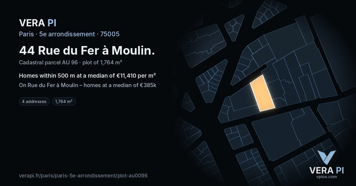 44 Rue du Fer à Moulin, 5e arrondissement at night – the plot lit, the parcels around coloured by the prices near them