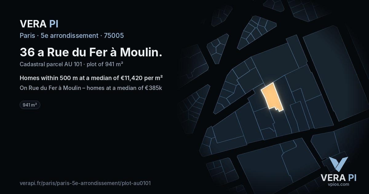 36 a Rue du Fer à Moulin, 5e arrondissement at night – the plot lit, the parcels around coloured by the prices near them