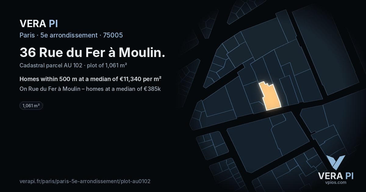 36 Rue du Fer à Moulin, 5e arrondissement at night – the plot lit, the parcels around coloured by the prices near them