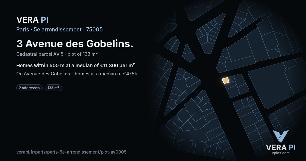 3 Avenue des Gobelins, 5e arrondissement at night – the plot lit, the parcels around coloured by the prices near them