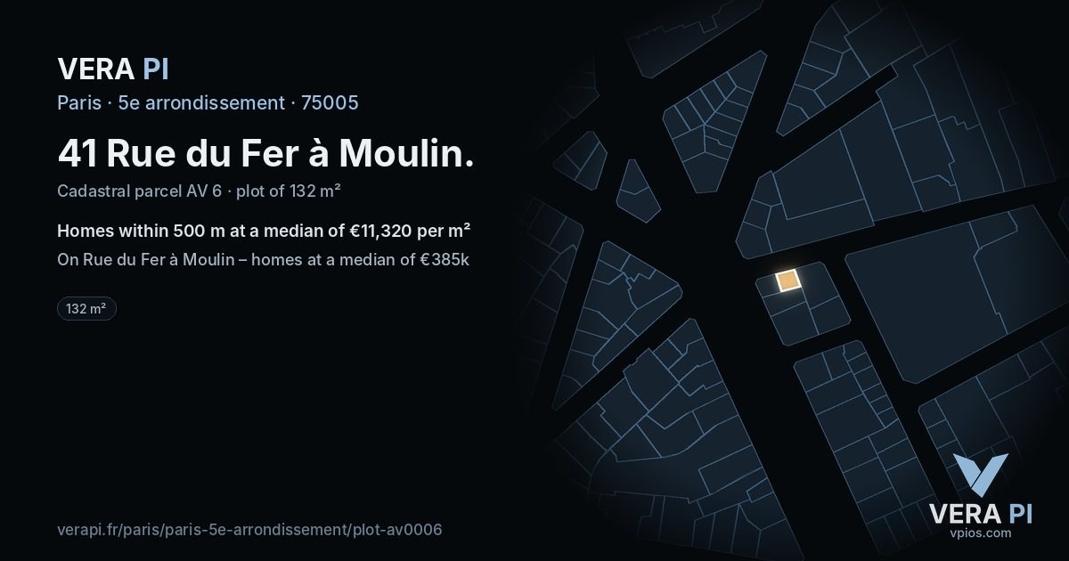 41 Rue du Fer à Moulin, 5e arrondissement at night – the plot lit, the parcels around coloured by the prices near them