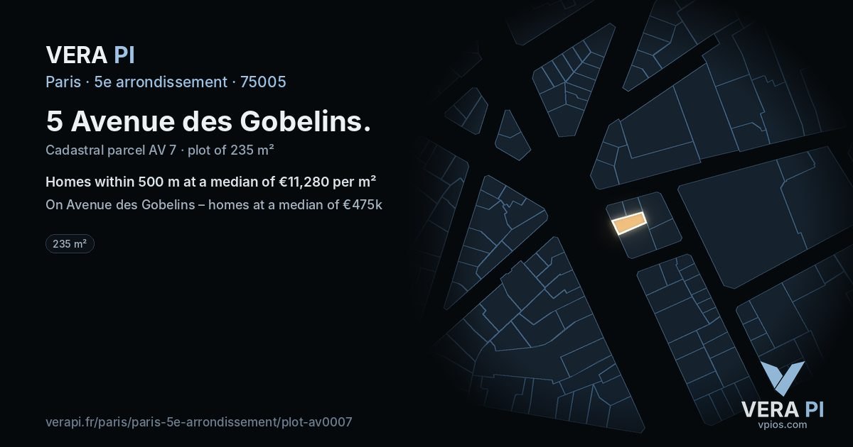 5 Avenue des Gobelins, 5e arrondissement at night – the plot lit, the parcels around coloured by the prices near them