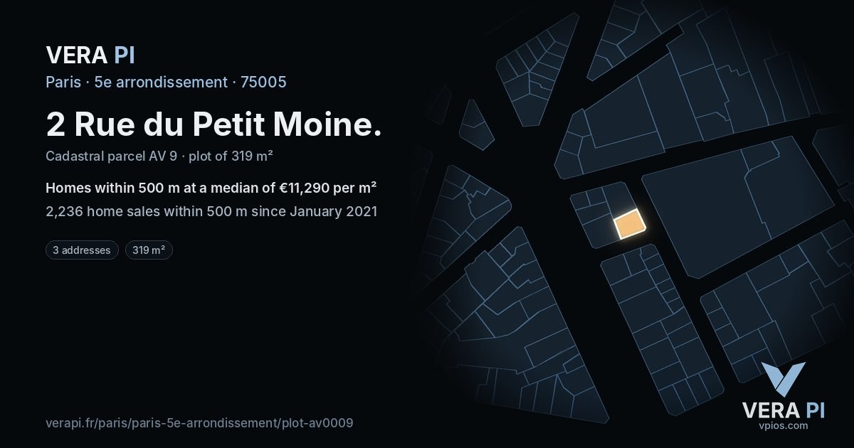 2 Rue du Petit Moine, 5e arrondissement at night – the plot lit, the parcels around coloured by the prices near them