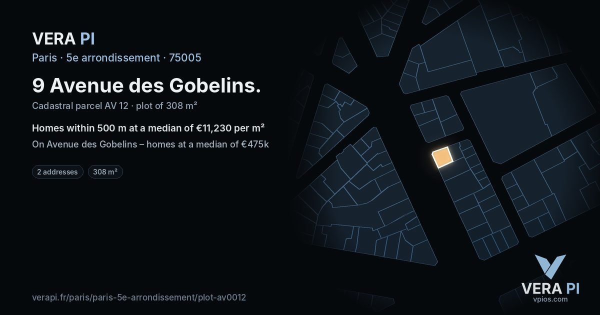9 Avenue des Gobelins, 5e arrondissement at night – the plot lit, the parcels around coloured by the prices near them