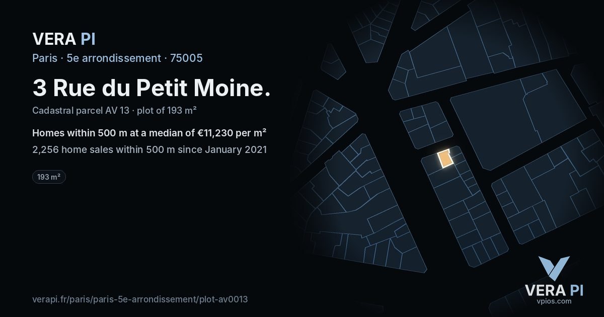 3 Rue du Petit Moine, 5e arrondissement at night – the plot lit, the parcels around coloured by the prices near them