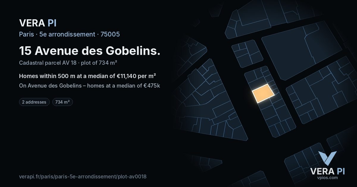 15 Avenue des Gobelins, 5e arrondissement at night – the plot lit, the parcels around coloured by the prices near them