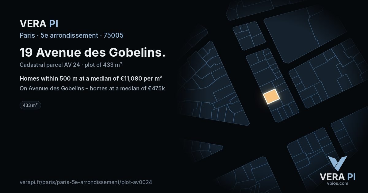 19 Avenue des Gobelins, 5e arrondissement at night – the plot lit, the parcels around coloured by the prices near them