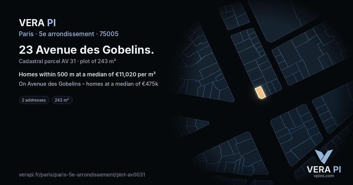 23 Avenue des Gobelins, 5e arrondissement at night – the plot lit, the parcels around coloured by the prices near them
