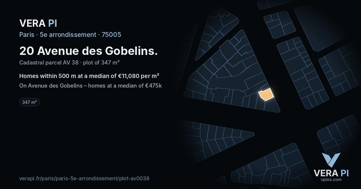 20 Avenue des Gobelins, 5e arrondissement at night – the plot lit, the parcels around coloured by the prices near them