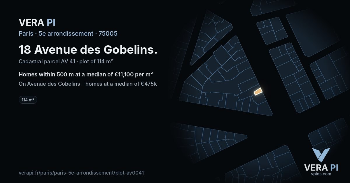 18 Avenue des Gobelins, 5e arrondissement at night – the plot lit, the parcels around coloured by the prices near them
