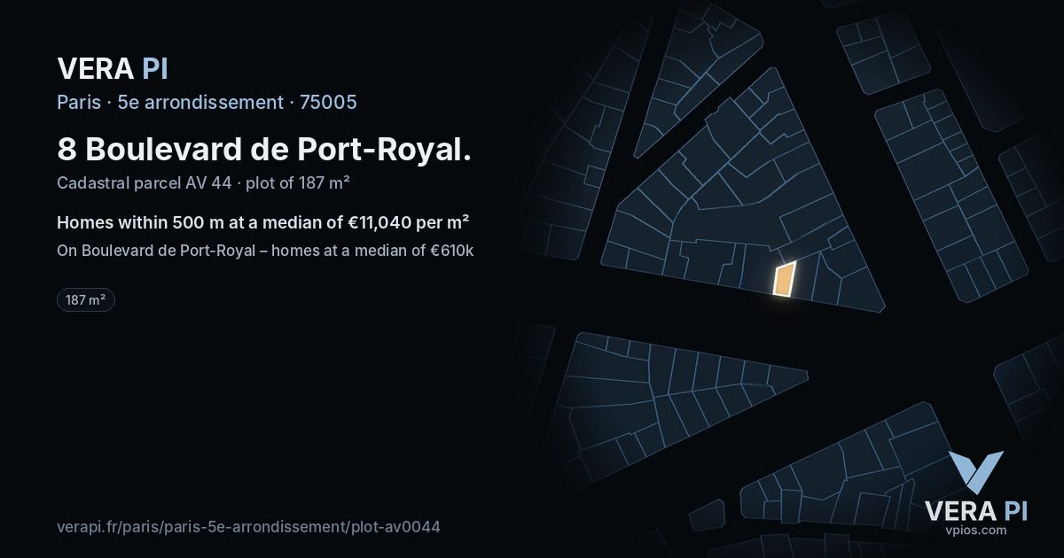 8 Boulevard de Port-Royal, 5e arrondissement at night – the plot lit, the parcels around coloured by the prices near them