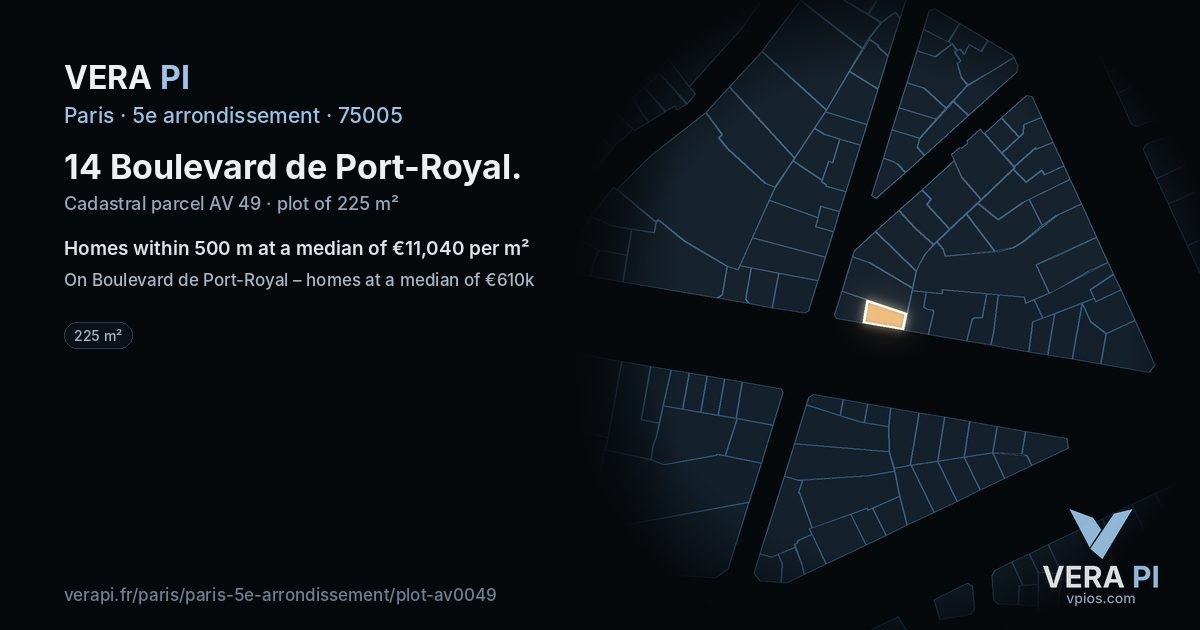14 Boulevard de Port-Royal, 5e arrondissement at night – the plot lit, the parcels around coloured by the prices near them