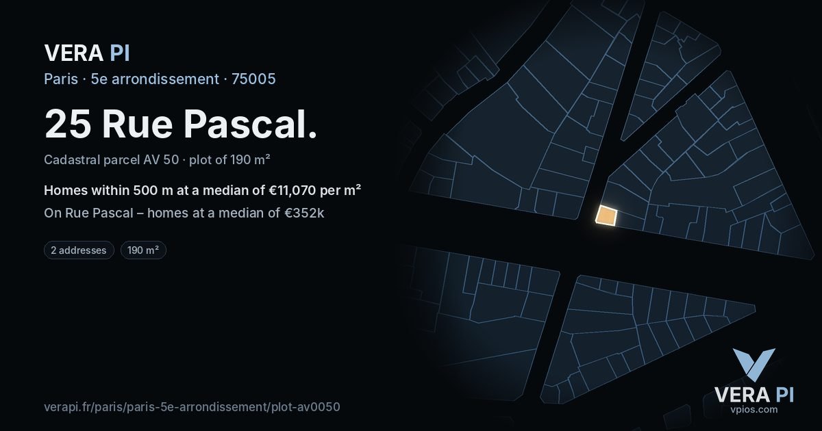 25 Rue Pascal, 5e arrondissement at night – the plot lit, the parcels around coloured by the prices near them