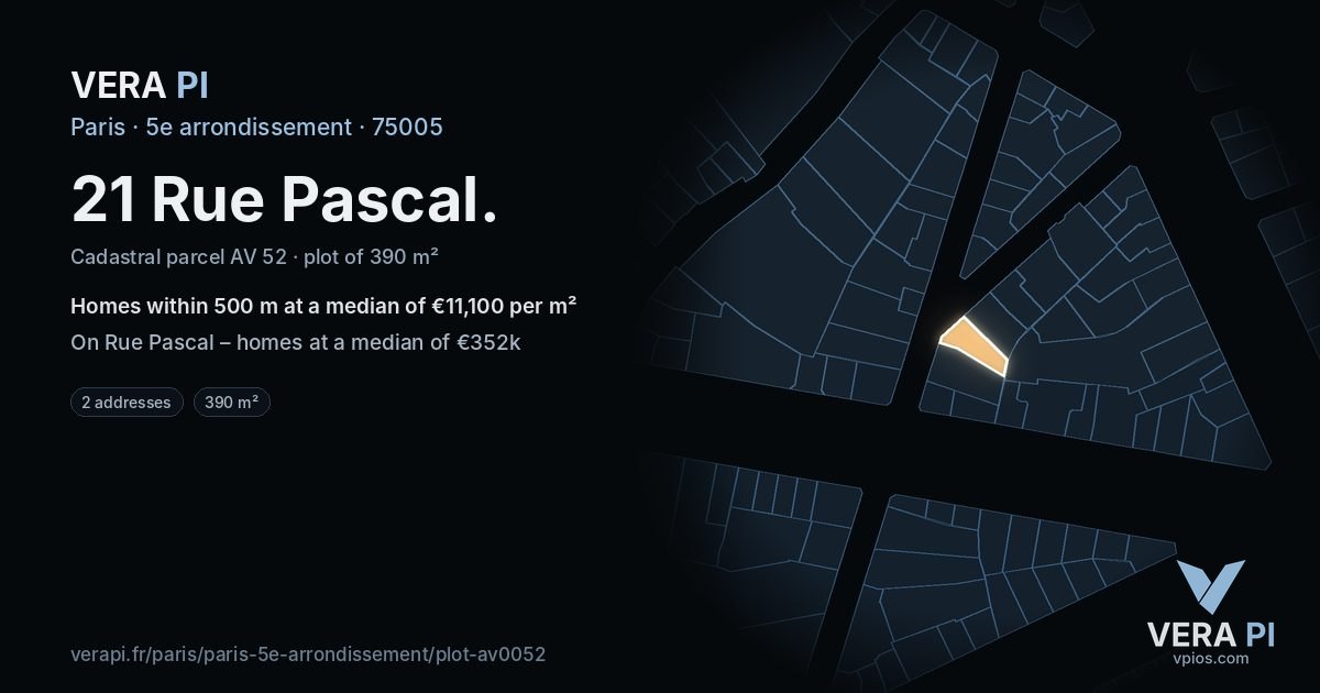 21 Rue Pascal, 5e arrondissement at night – the plot lit, the parcels around coloured by the prices near them