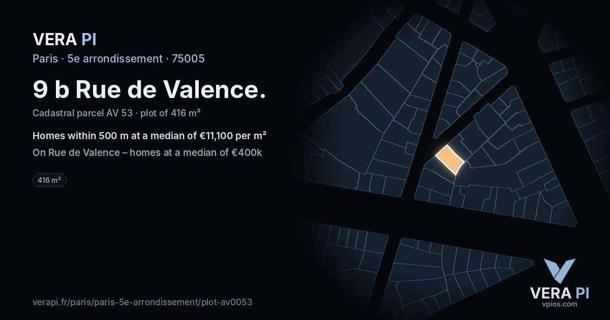 9 b Rue de Valence, 5e arrondissement at night – the plot lit, the parcels around coloured by the prices near them