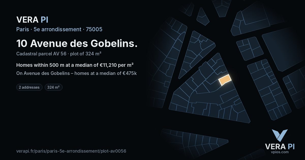 10 Avenue des Gobelins, 5e arrondissement at night – the plot lit, the parcels around coloured by the prices near them
