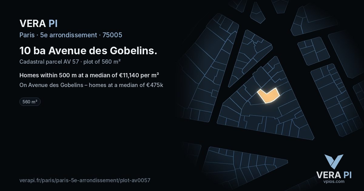 10 ba Avenue des Gobelins, 5e arrondissement at night – the plot lit, the parcels around coloured by the prices near them
