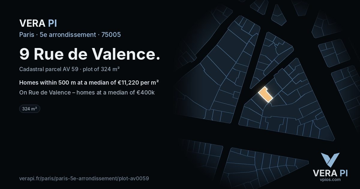 9 Rue de Valence, 5e arrondissement at night – the plot lit, the parcels around coloured by the prices near them