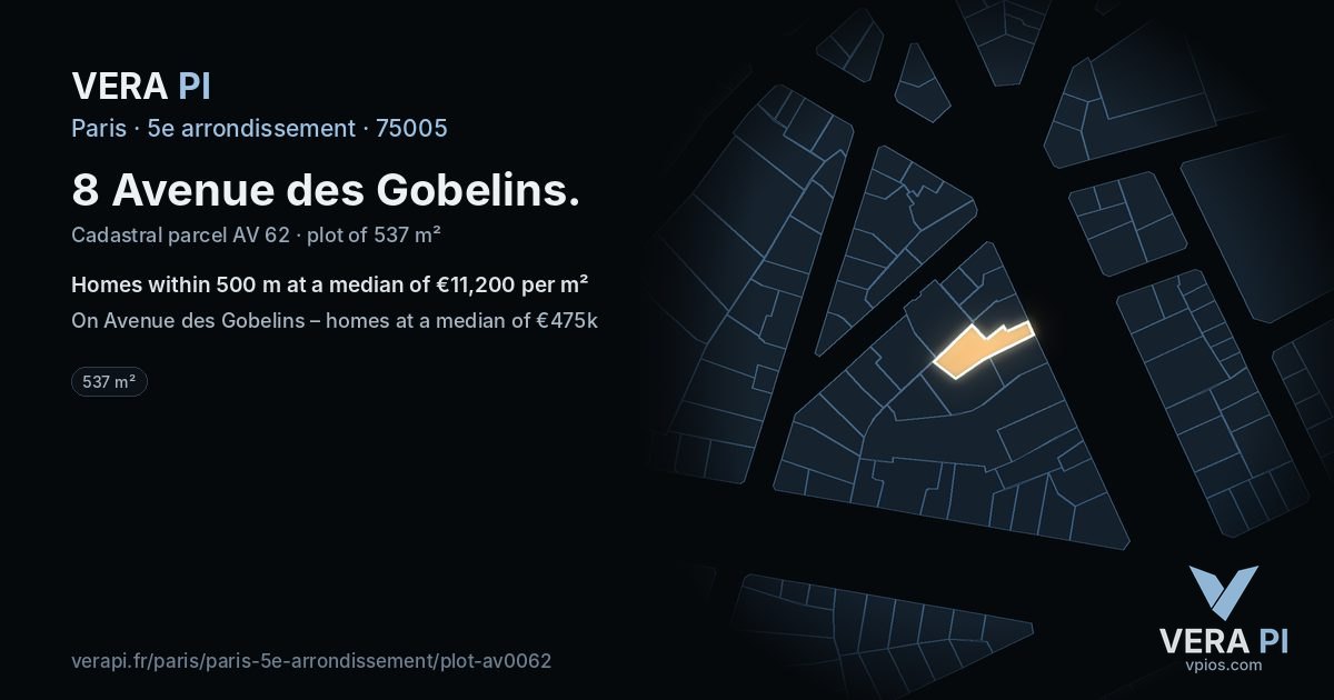 8 Avenue des Gobelins, 5e arrondissement at night – the plot lit, the parcels around coloured by the prices near them