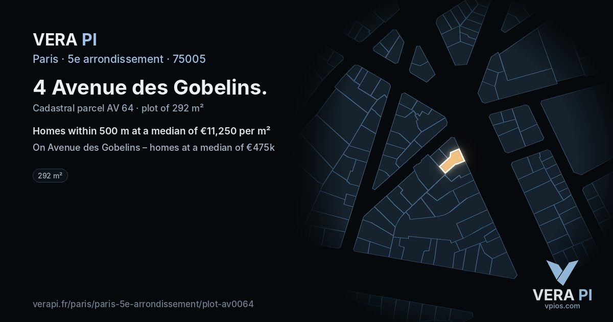 4 Avenue des Gobelins, 5e arrondissement at night – the plot lit, the parcels around coloured by the prices near them