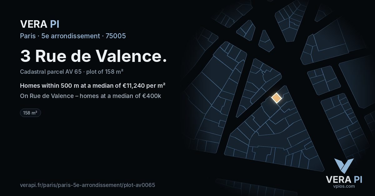 3 Rue de Valence, 5e arrondissement at night – the plot lit, the parcels around coloured by the prices near them