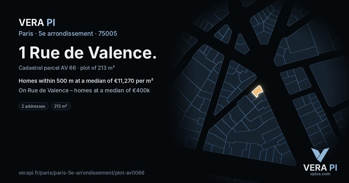 1 Rue de Valence, 5e arrondissement at night – the plot lit, the parcels around coloured by the prices near them