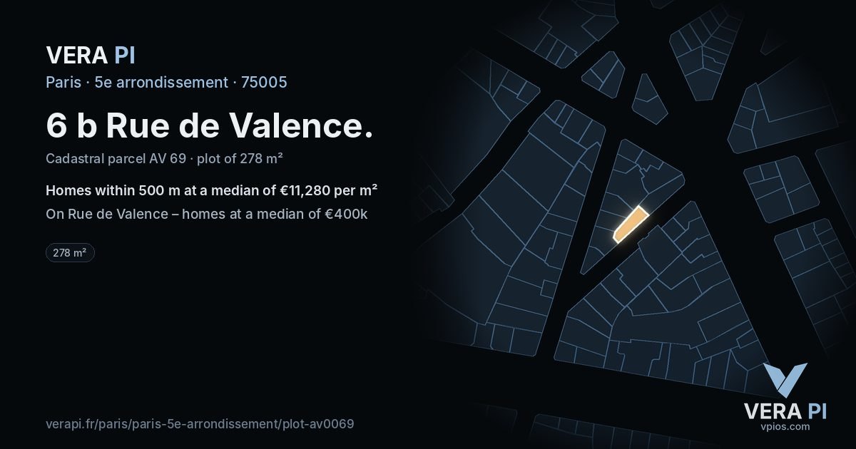 6 b Rue de Valence, 5e arrondissement at night – the plot lit, the parcels around coloured by the prices near them