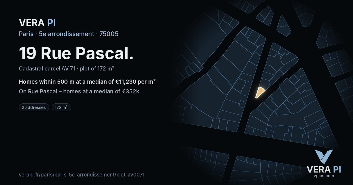 19 Rue Pascal, 5e arrondissement at night – the plot lit, the parcels around coloured by the prices near them