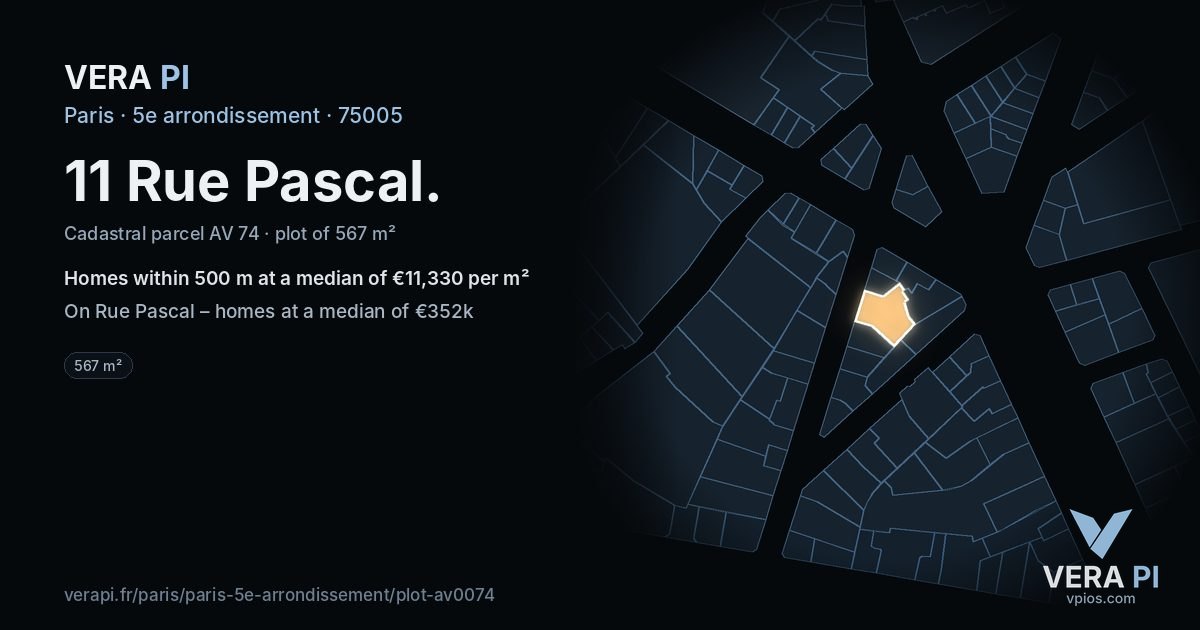11 Rue Pascal, 5e arrondissement at night – the plot lit, the parcels around coloured by the prices near them