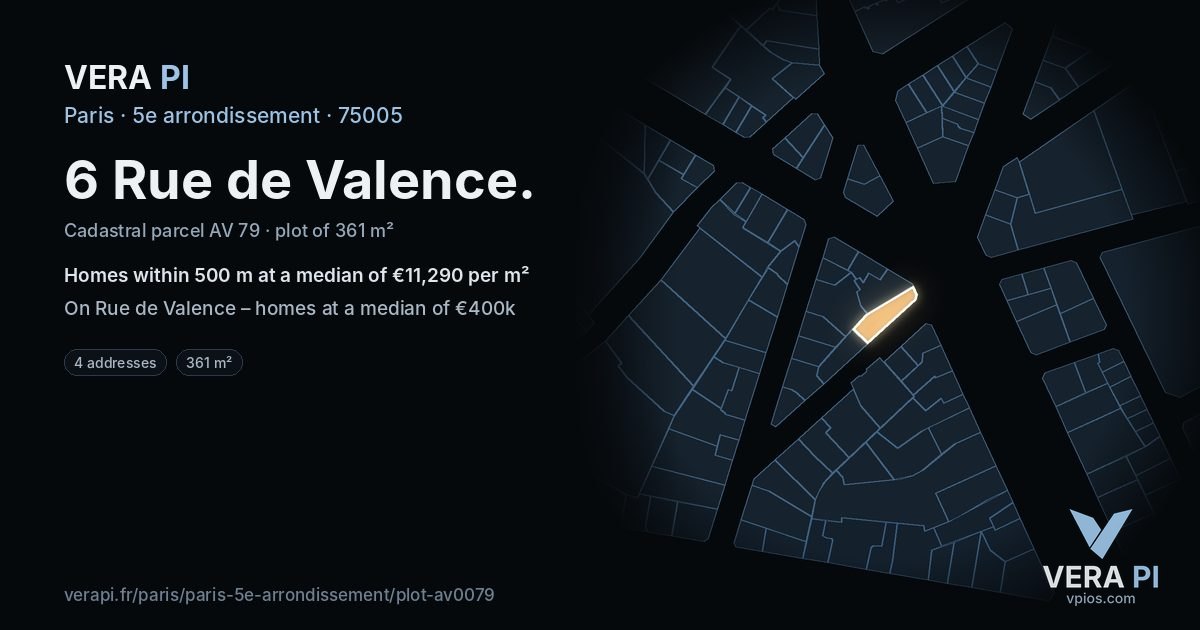 6 Rue de Valence, 5e arrondissement at night – the plot lit, the parcels around coloured by the prices near them