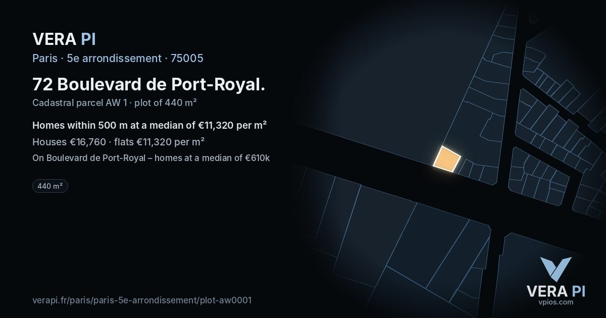 72 Boulevard de Port-Royal, 5e arrondissement at night – the plot lit, the parcels around coloured by the prices near them